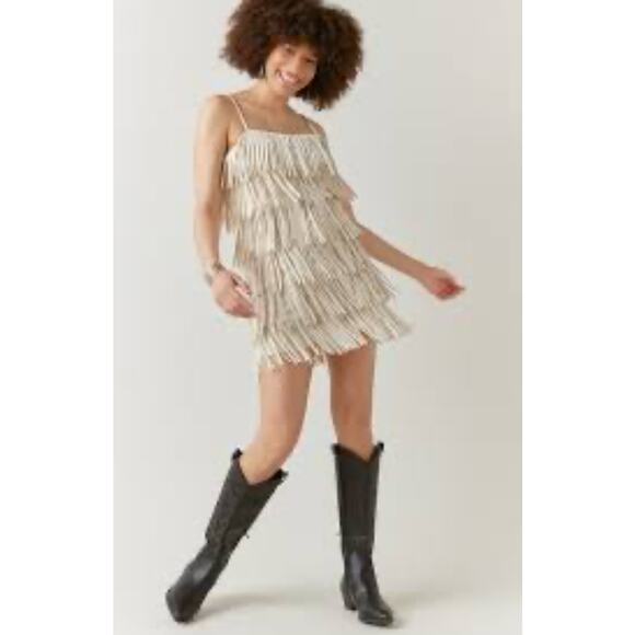 Francesca’s Audrey Parks Cream Fringe Western Party Mini Dress Size Small - Picture 2 of 11